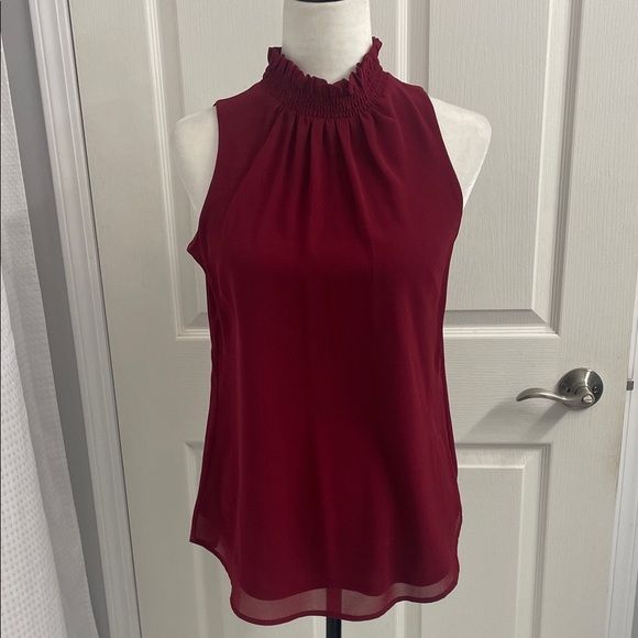 Elegant Sleeveless Burgundy Blouse Lined Ruched High Neck Back Zipper Sz XS - Picture 1 of 11
